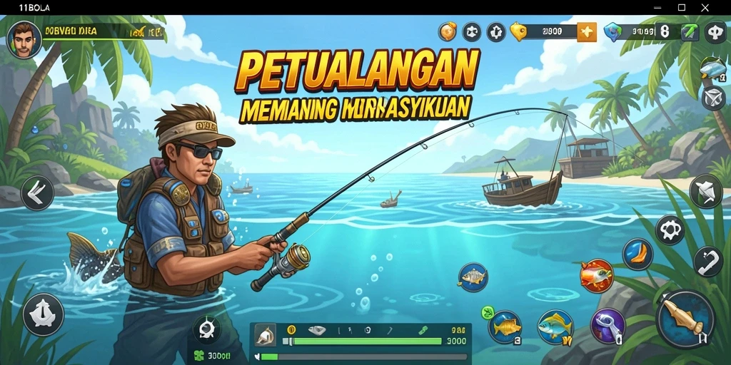 Screenshot gameplay dengan berbagai lokasi memancing yang menarik.