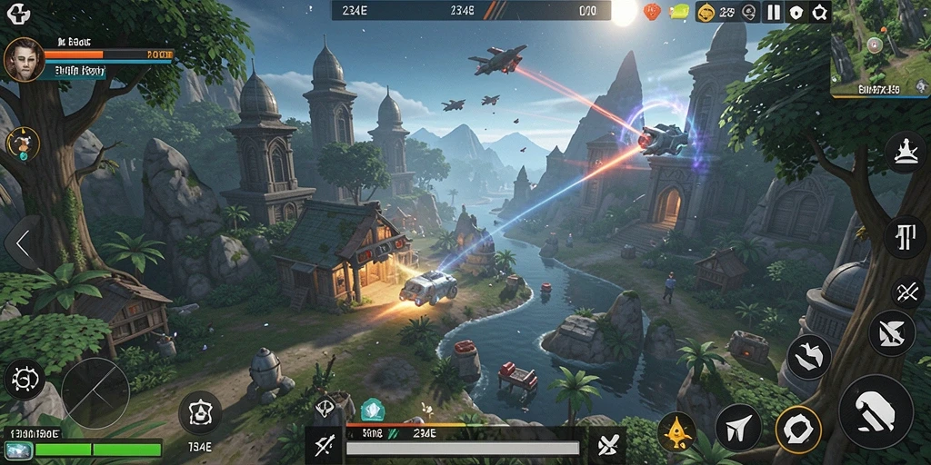 Screenshot gameplay 234E yang menampilkan desain dunia virtual yang kreatif.
