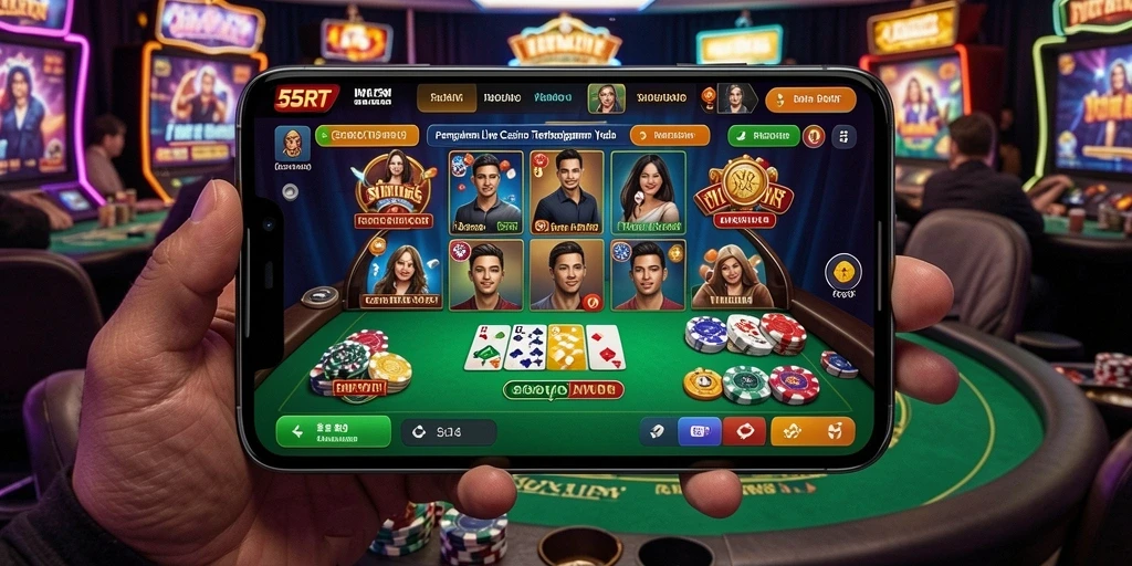 Screenshot gameplay Live Casino dari 55RT dengan dealer langsung.