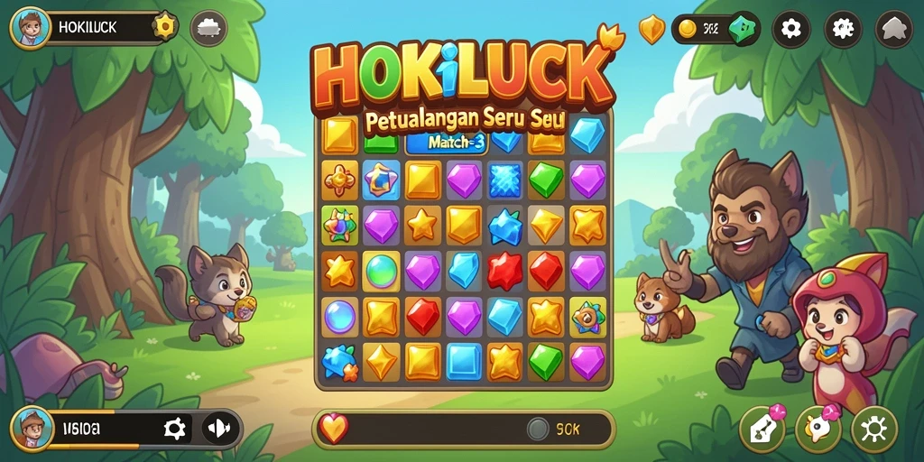 Tampilan layar permainan HOKILUCK yang penuh warna dengan gameplay Match-3.
