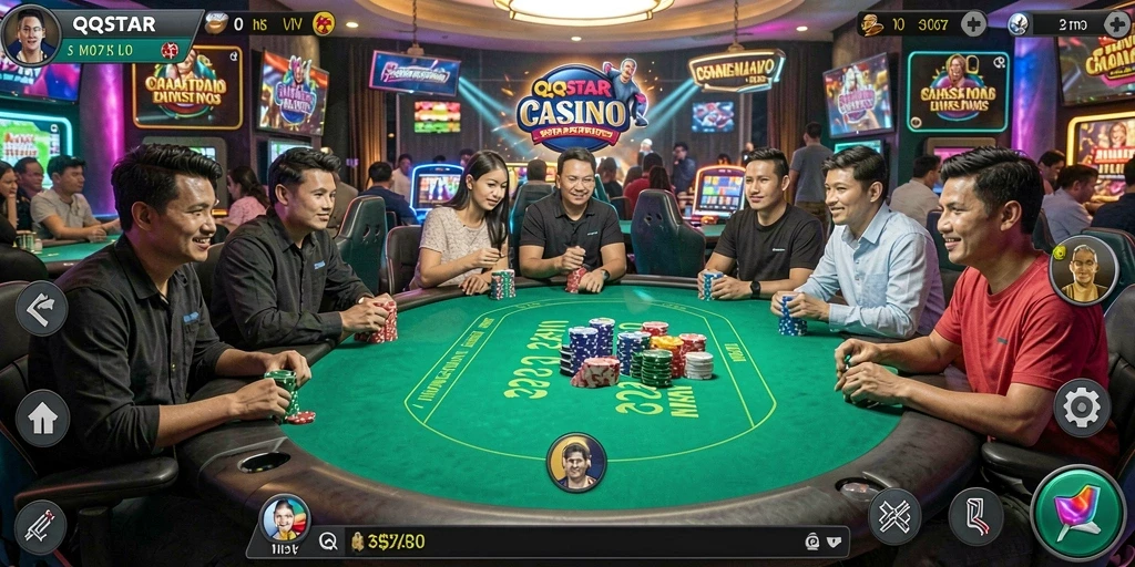 Screenshot gameplay QQSTAR menampilkan suasana Live Casino yang mendebarkan.
