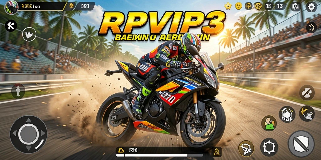 Screenshot utama RPVIP3 menampilkan momen aksi balapan motor yang intens.
