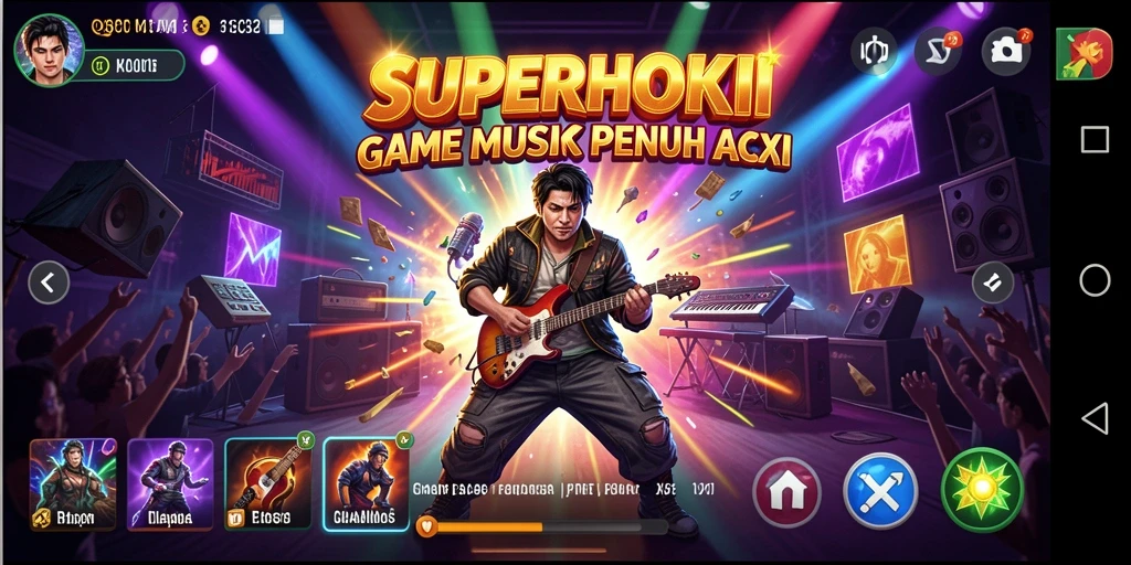 Screenshot permainan SUPERHOKI menampilkan aksi seru dalam bermain musik.